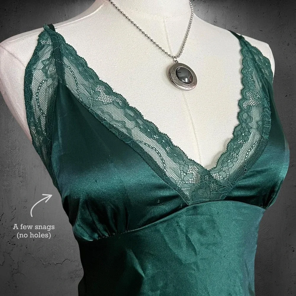 Floral Lace Trim Satin Chemise Slip Dress Med Forest Green Coquette Fairycore - Picture 2 of 7